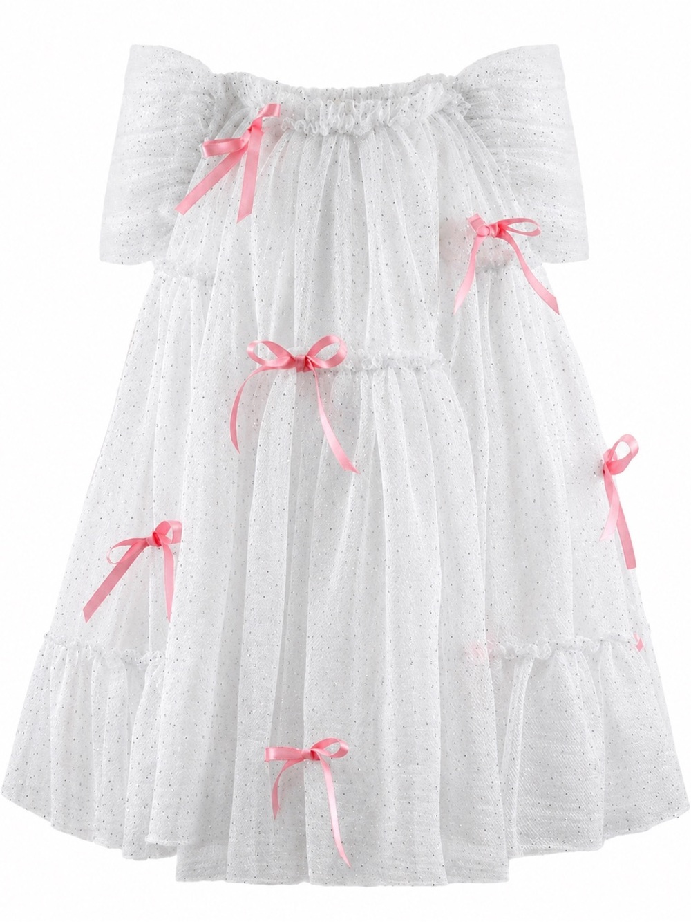 Lola + The Boys White Sparkle Dress with Pink Bows